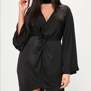 Plus Size Black Hammered Satin Tab Neck Dress